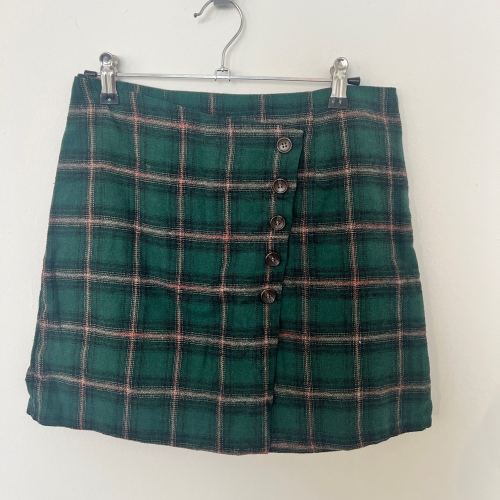 Green plaid checkered skirt with buttons
